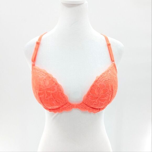 Victorias Secret Pink Neon Orange Lace Date Racerback Front Clasp Bra Size 34D - Picture 1 of 6